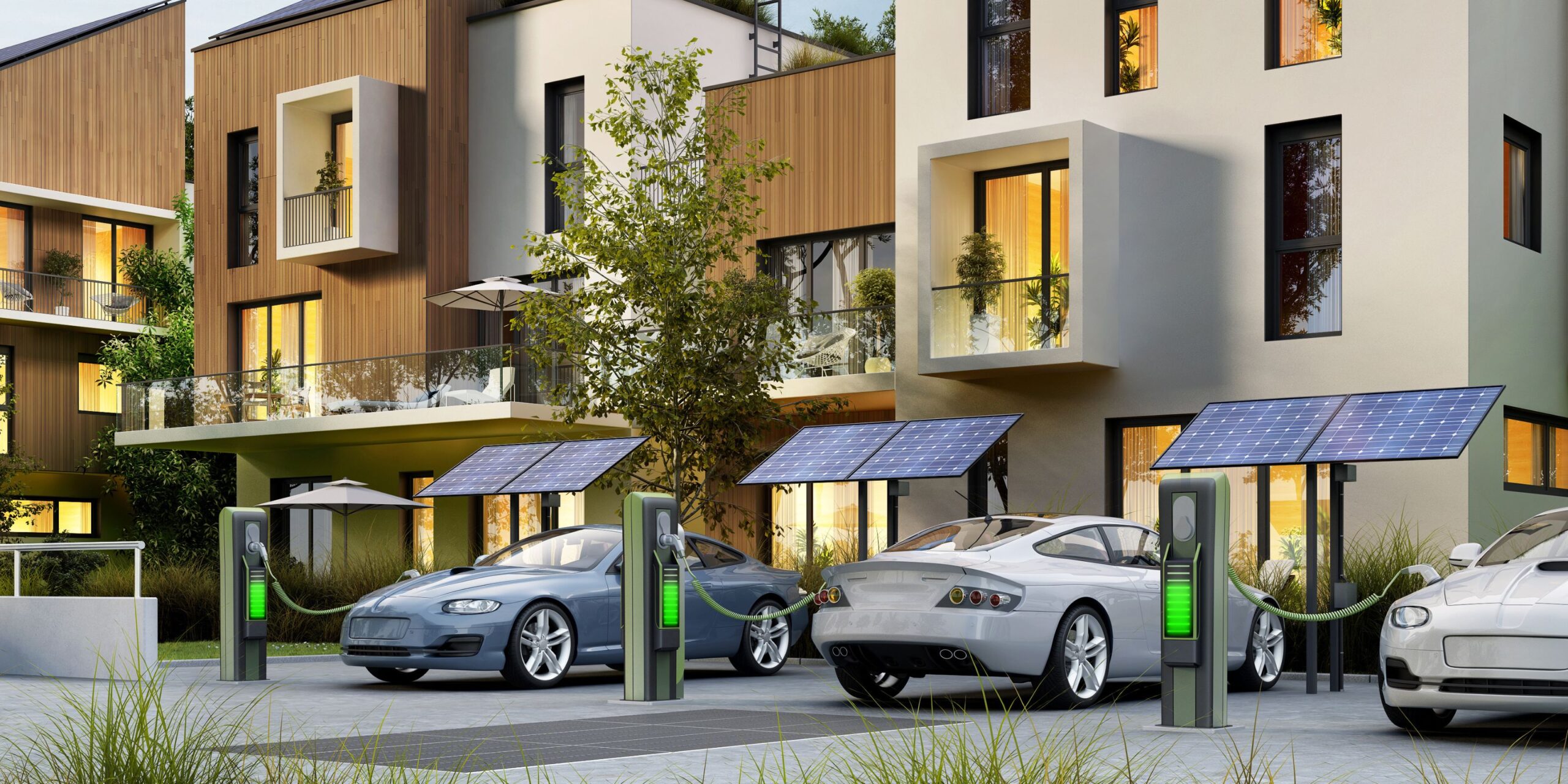 Modern apartment building with car charging stations.