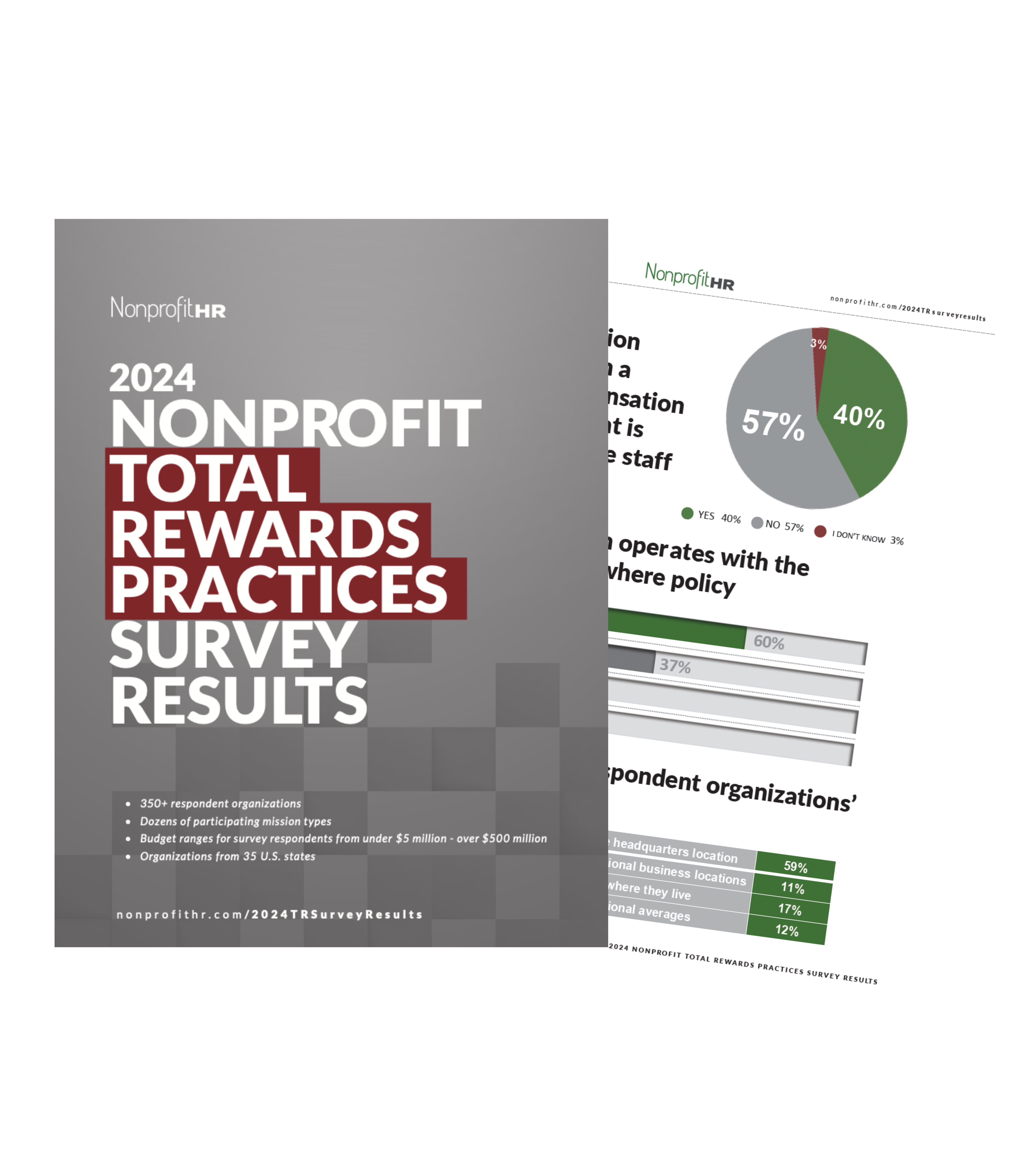 Nonprofit Total Rewards Practices Survey Results cover, with a page from the report positioned behind it.